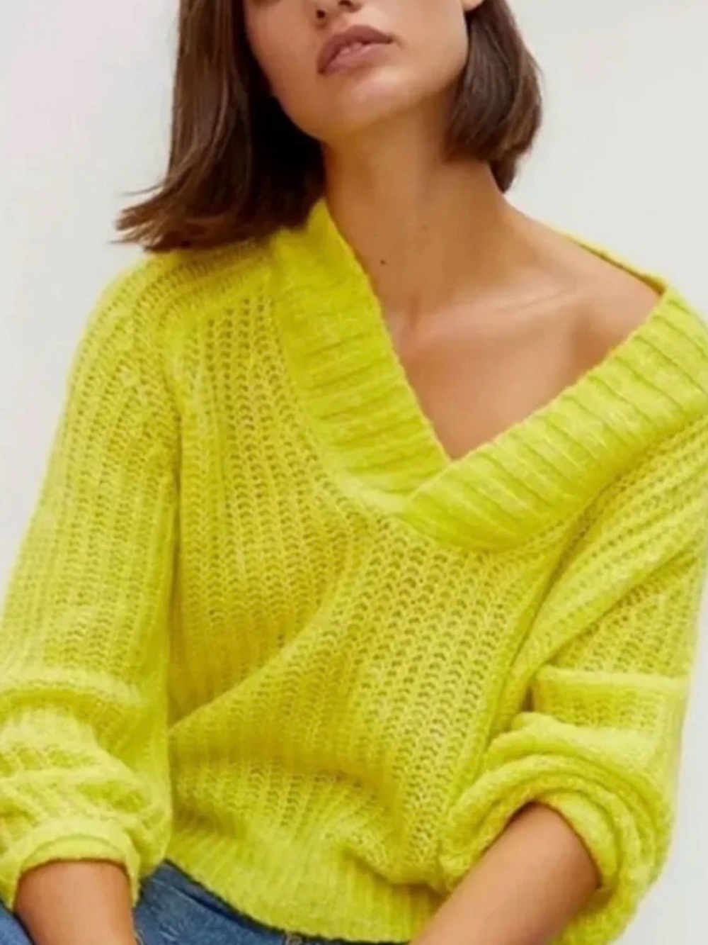 Anthropologie Chartreuse/ Lime Green Wool Blend Open Knit V-Neck Sweater Size M
